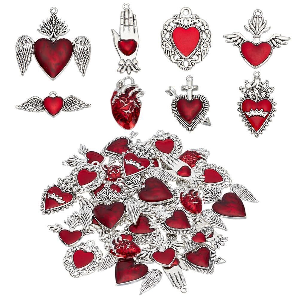 4518 32Pcs 8 Styles Sacred Heart Charms Bulk Gothic Heart Charms Hearts